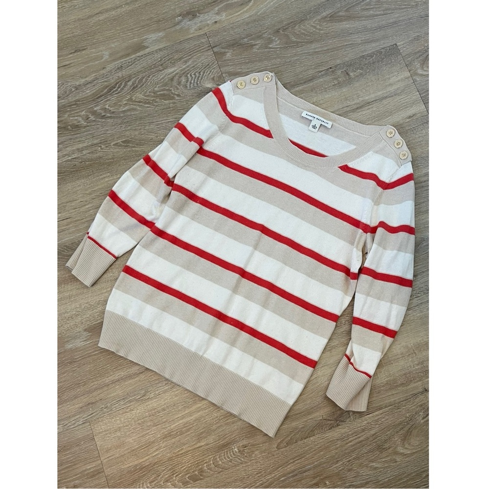 Banana Republic Button Shoulder Tan Red White Striped Lightweight Sweater